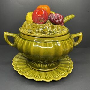 Vintage California Pottery Fruit Bowl Lid Green Soup‎ Tureen 663 USA w/ Ladle